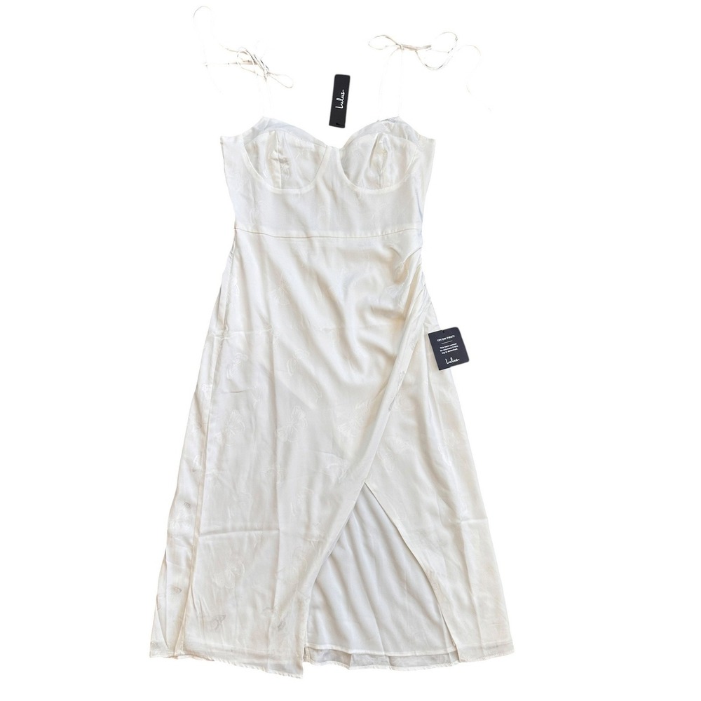 Lulus Butterfly Jacquard Bustier Midi Dress Wmns Medium White NWT Slit Romantic
